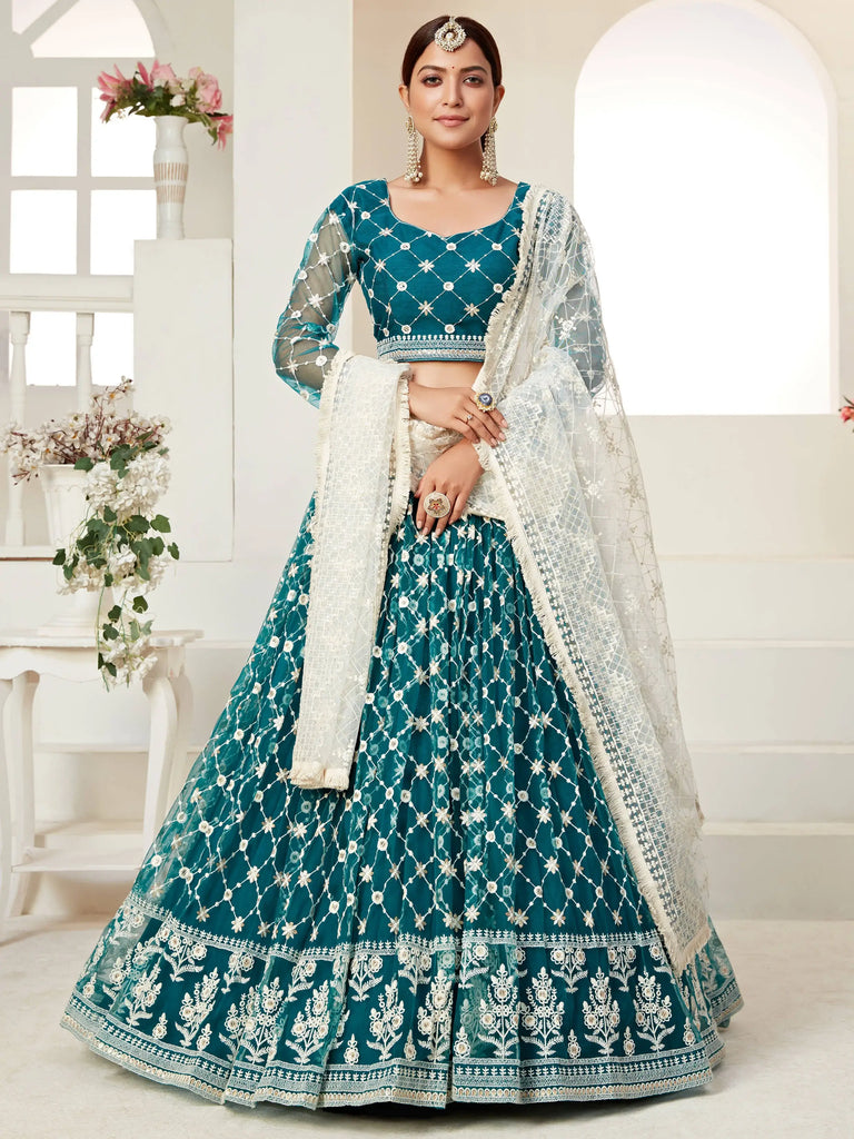 Charming Blue Thread Embroidered Net Festival Wear Lehenga Choli
