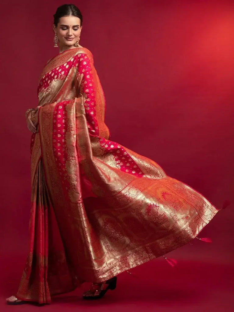 Modish Red Zari Floral Weaving Silk Festive Saree With Blouse