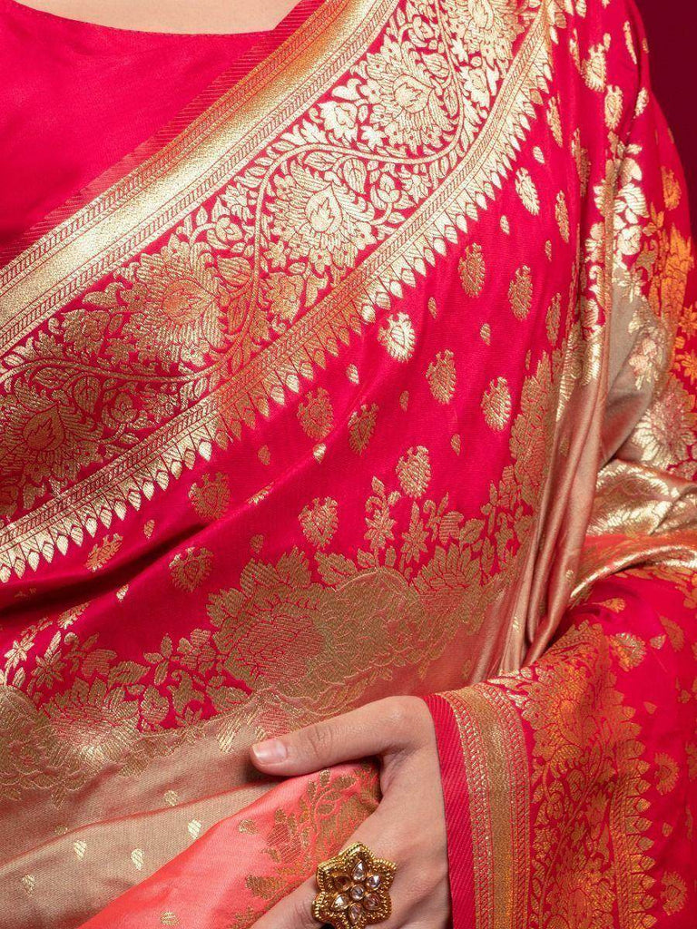 Modish Red Zari Floral Weaving Silk Festive Saree With Blouse