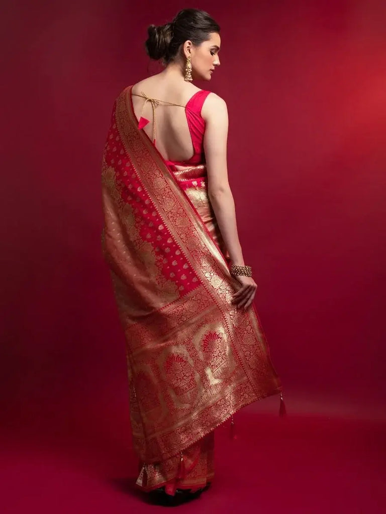 Modish Red Zari Floral Weaving Silk Festive Saree With Blouse