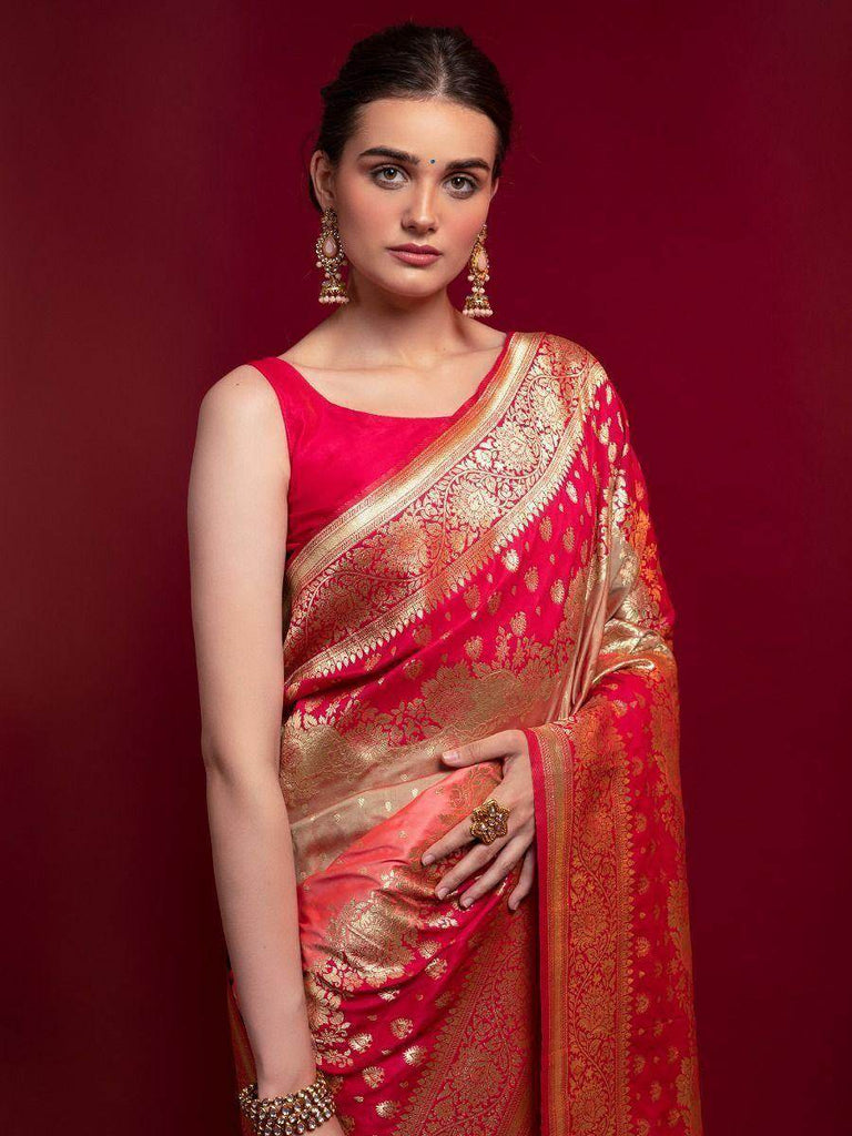 Modish Red Zari Floral Weaving Silk Festive Saree With Blouse