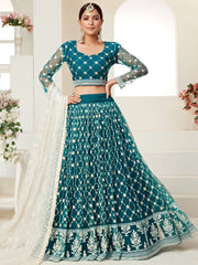 Charming Blue Thread Embroidered Net Festival Wear Lehenga Choli