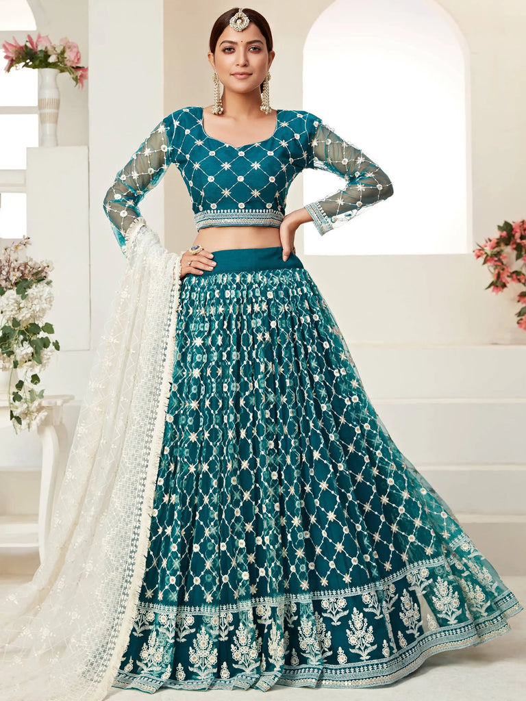 Charming Blue Thread Embroidered Net Festival Wear Lehenga Choli