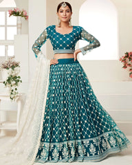Charming Blue Thread Embroidered Net Festival Wear Lehenga Choli
