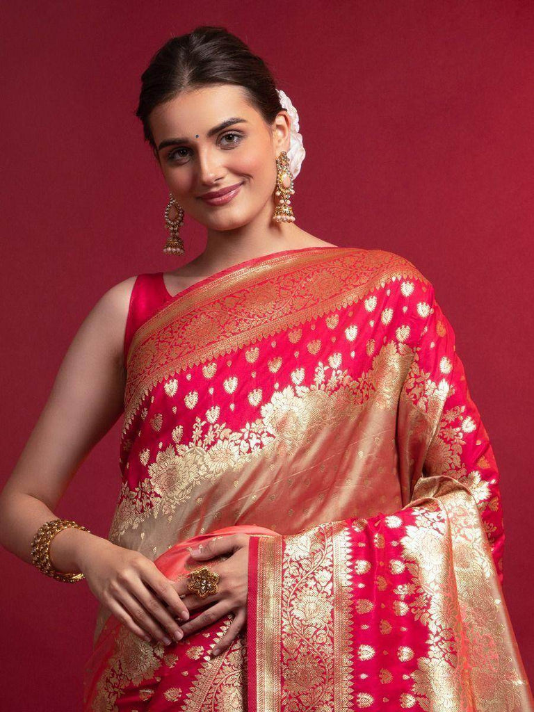 Modish Red Zari Floral Weaving Silk Festive Saree With Blouse