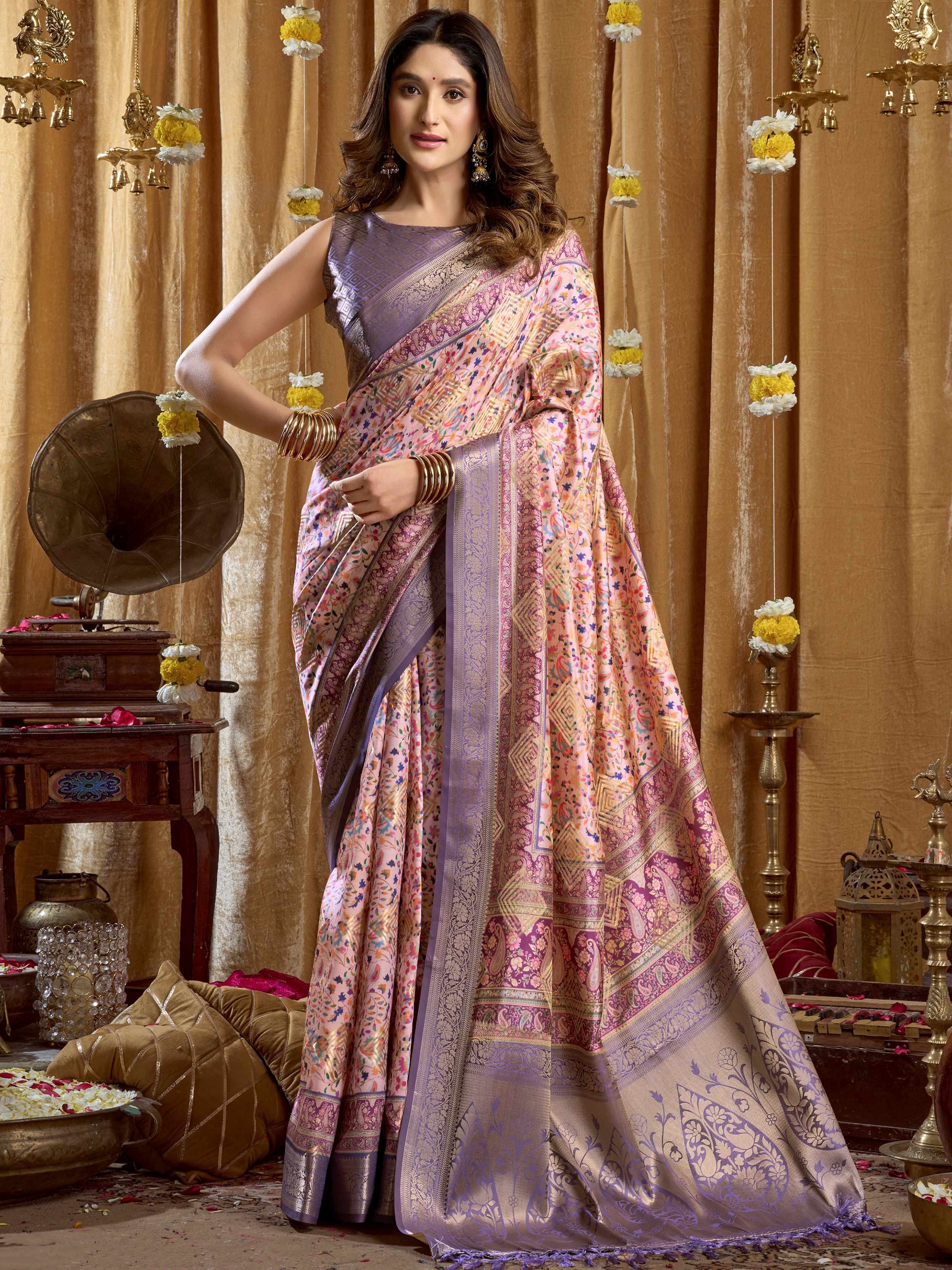 Classic Purple Digital Printed Silk Festival Wear Saree With Blouse 