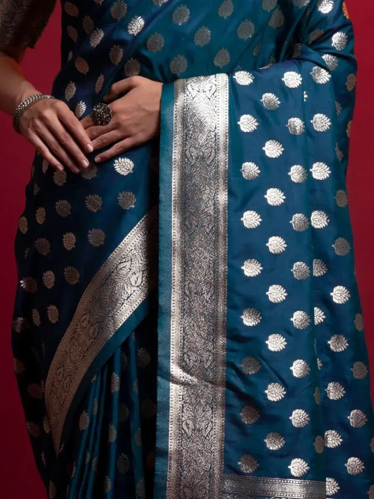 Delightful Blue Zari Weaving Silk Wedding Wear Saree With Blouse