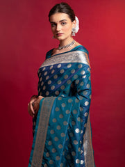 Delightful Blue Zari Weaving Silk Wedding Wear Saree With Blouse