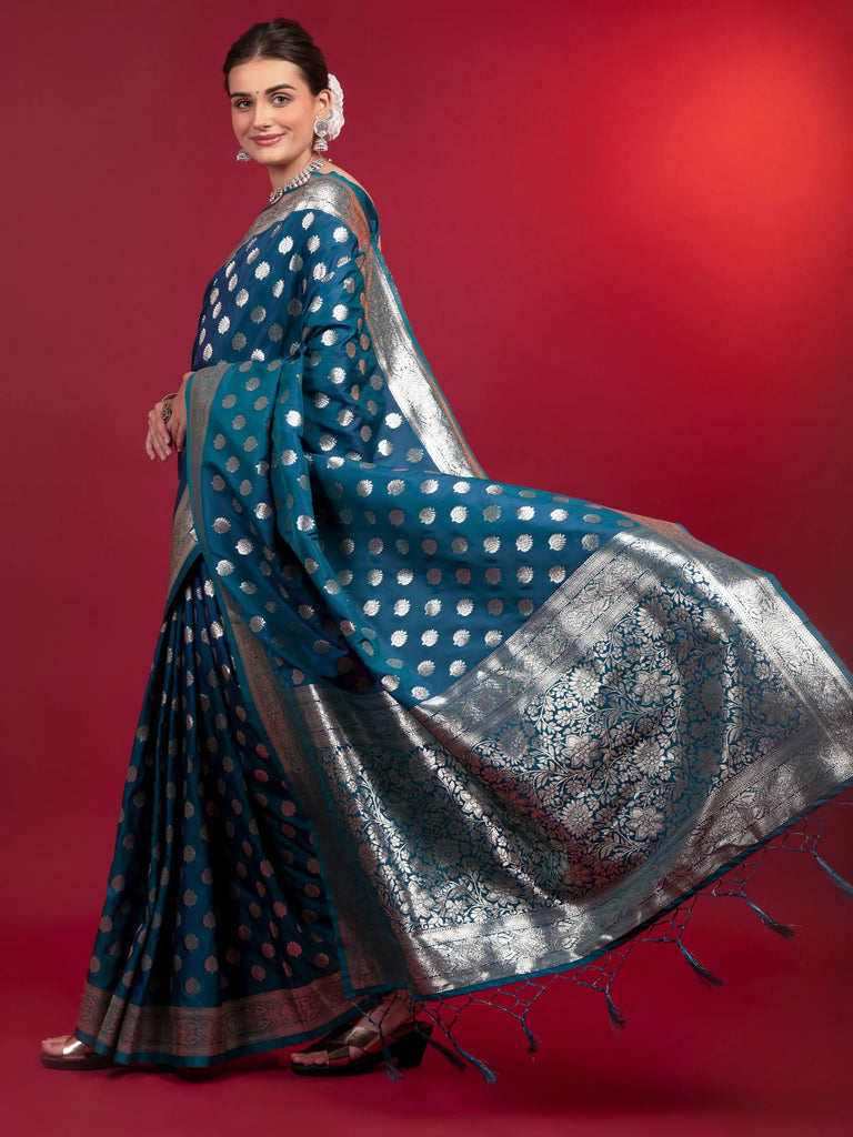 Delightful Blue Zari Weaving Silk Wedding Wear Saree With Blouse