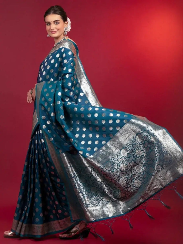 Delightful Blue Zari Weaving Silk Wedding Wear Saree With Blouse