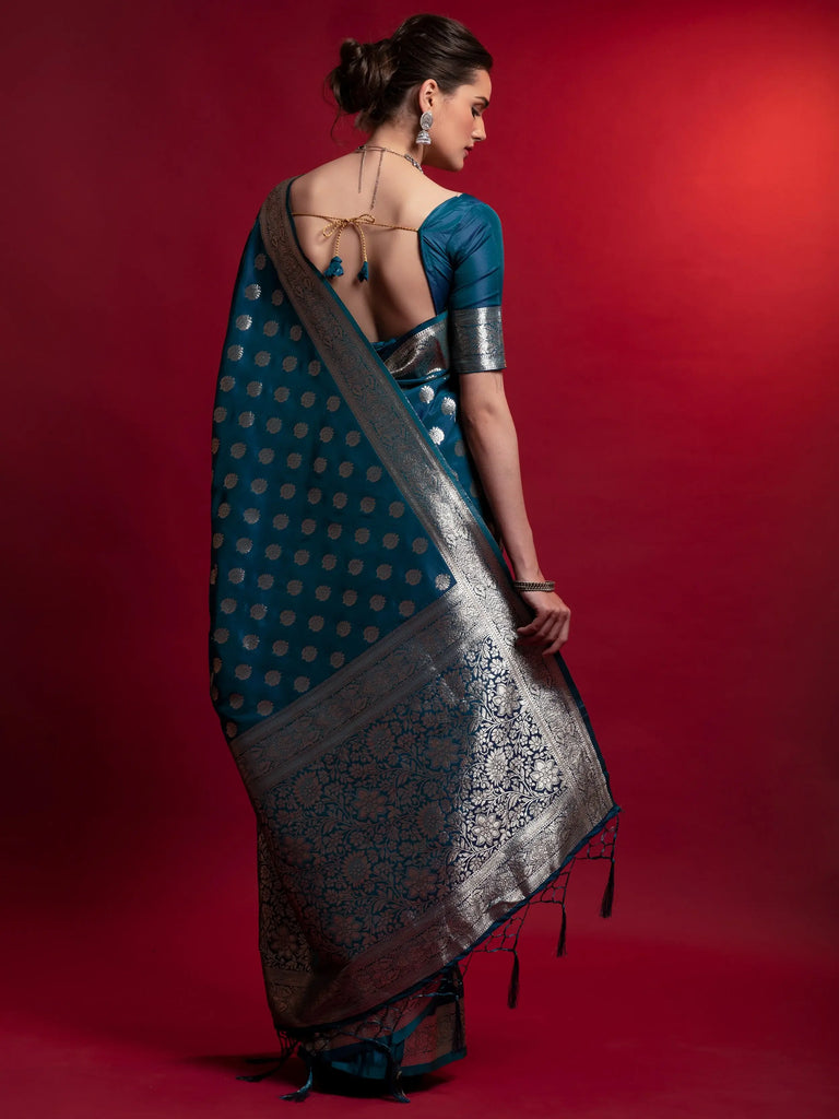 Delightful Blue Zari Weaving Silk Wedding Wear Saree With Blouse