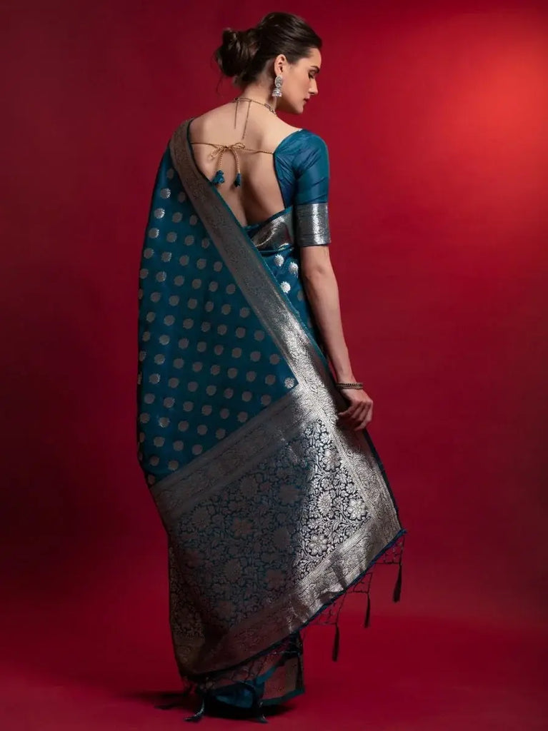 Delightful Blue Zari Weaving Silk Wedding Wear Saree With Blouse