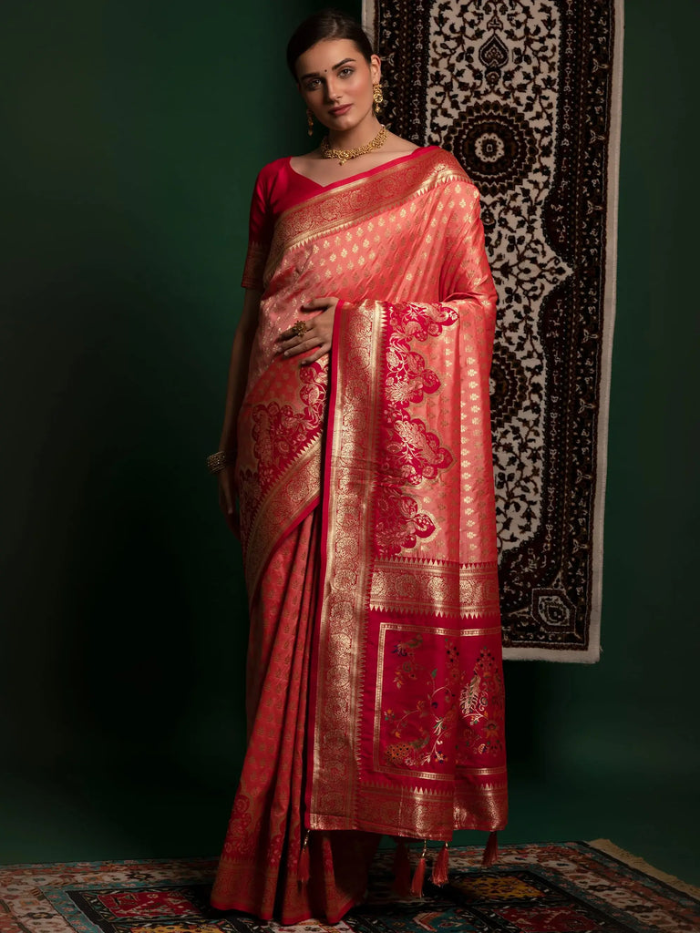Remarkable Light Orange Zari Weaving Silk Wedding Wear Saree