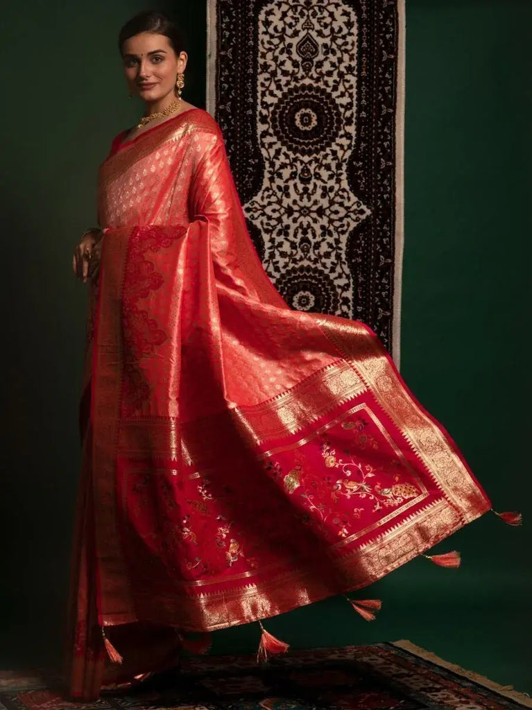 Remarkable Light Orange Zari Weaving Silk Wedding Wear Saree