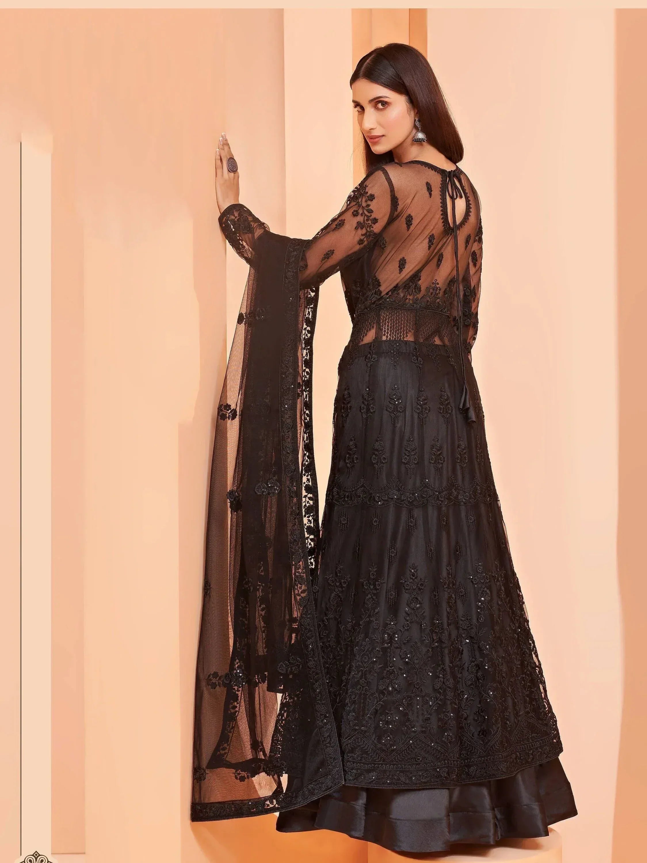 Black embroidered lehenga choli with sheer net dupatta, Indian ethnic wear for women