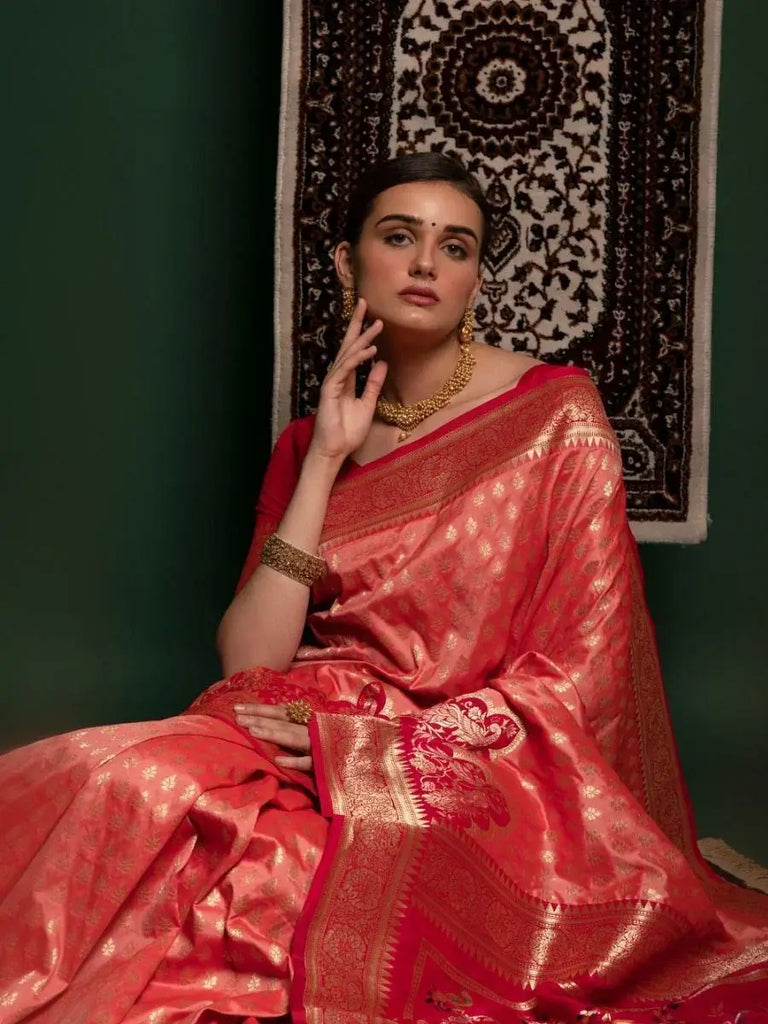 Remarkable Light Orange Zari Weaving Silk Wedding Wear Saree