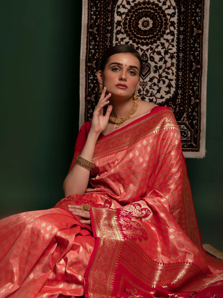 Remarkable Light Orange Zari Weaving Silk Wedding Wear Saree