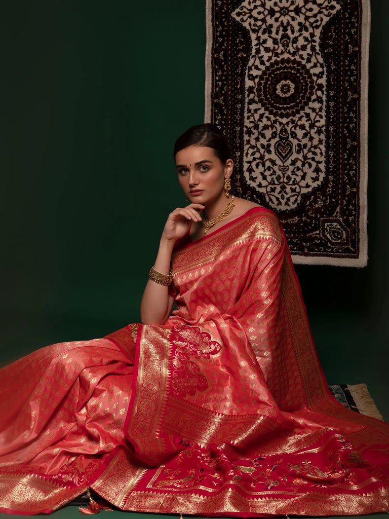 Remarkable Light Orange Zari Weaving Silk Wedding Wear Saree