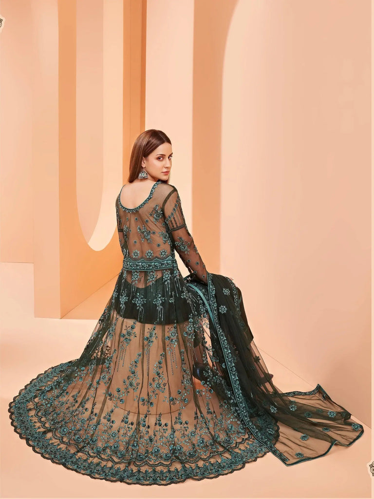 Stunning Dark Green Sequence Butterfly Net Party Wear Anarkali Suit