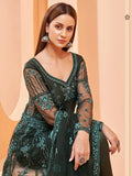 Stunning Dark Green Sequence Butterfly Net Party Wear Anarkali Suit