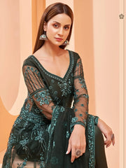 Stunning Dark Green Sequence Butterfly Net Party Wear Anarkali Suit