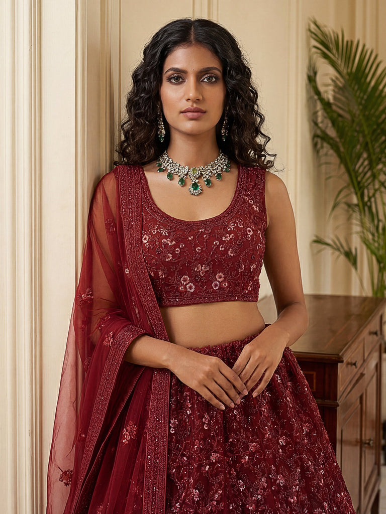 Royal Red Dori Embroidered Net Bridal Lehenga Choli With Dupatta