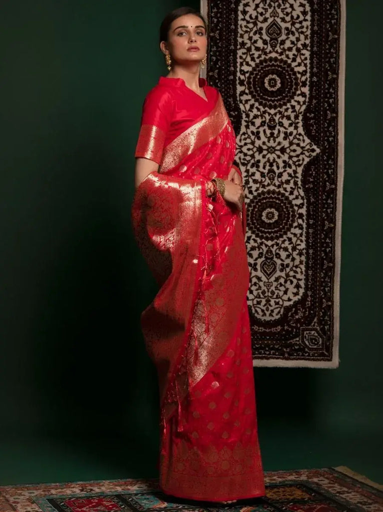 Captivating Red Zari Weaving Silk Wedding Wear Saree With Blouse