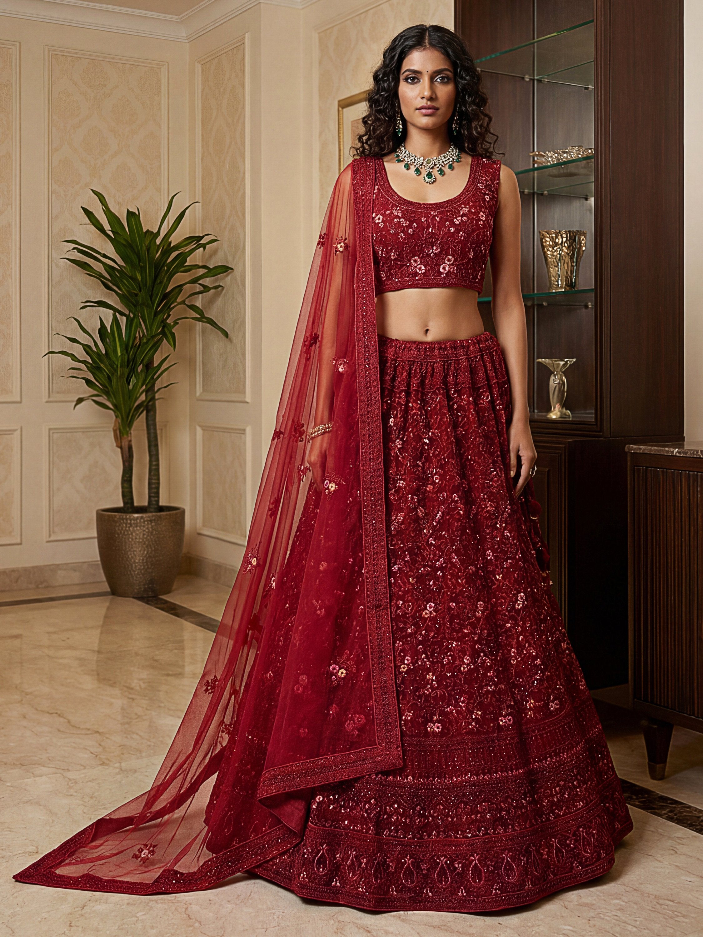 Royal Red Dori Embroidered Net Bridal Lehenga Choli With Dupatta