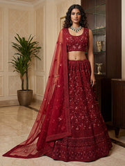 Royal Red Dori Embroidered Net Bridal Lehenga Choli With Dupatta