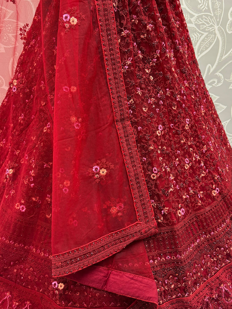 Royal Red Dori Embroidered Net Bridal Lehenga Choli With Dupatta