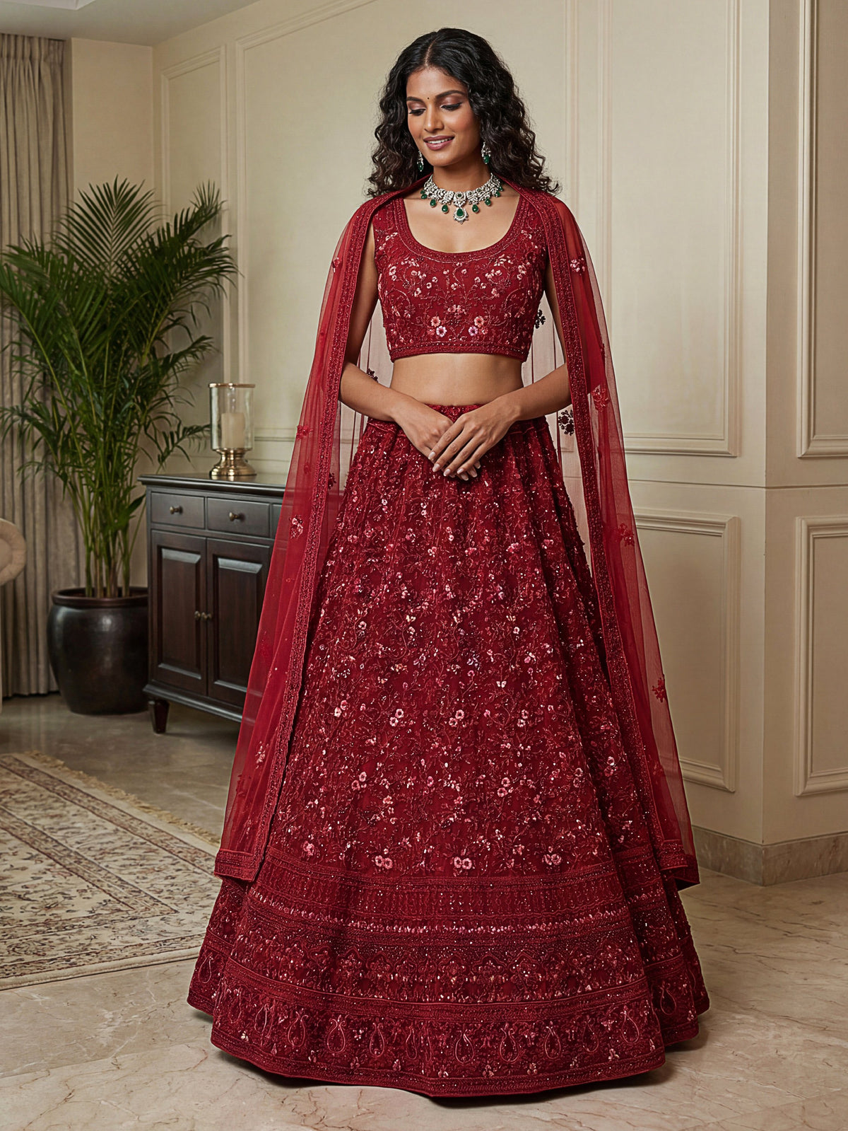 Royal Red Dori Embroidered Net Bridal Lehenga Choli With Dupatta