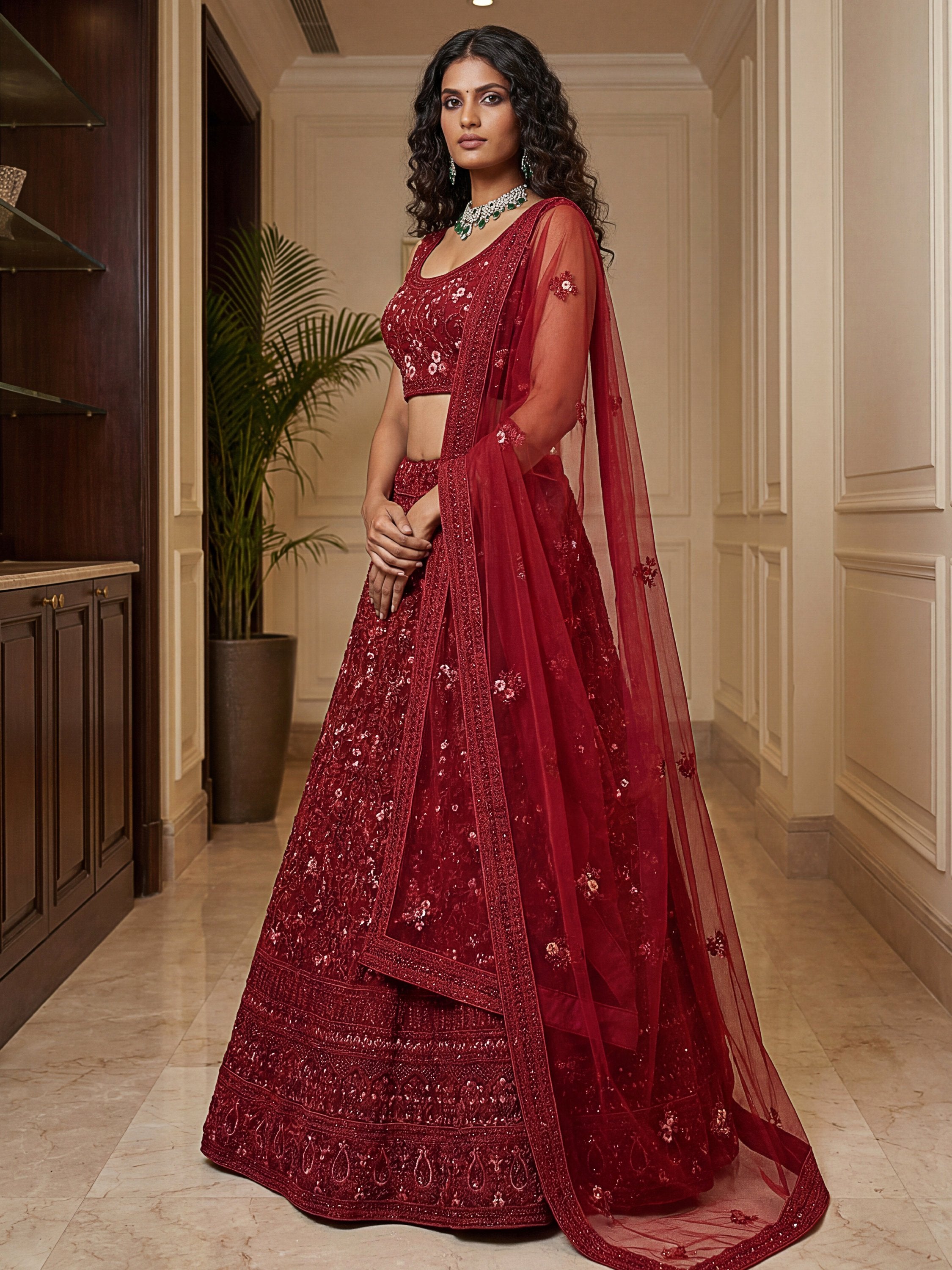 Royal Red Dori Embroidered Net Bridal Lehenga Choli With Dupatta