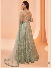 Attractive Pista Green Sequence Butterfly Net Party Wear Anarkali Suit