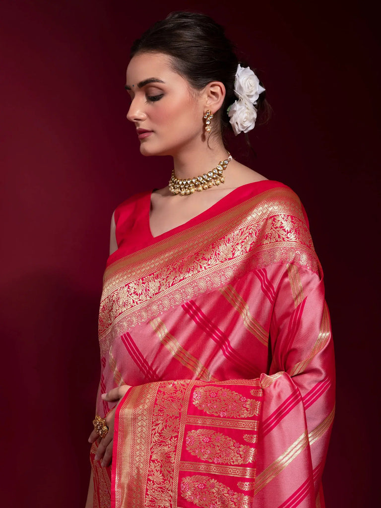 Abundant Pink Zari Weaving Silk Festive Wear Saree With Blouse