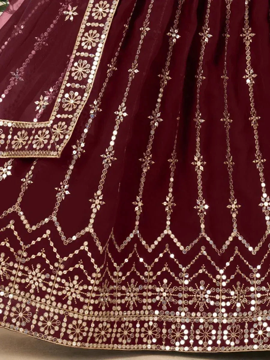 Maroon lehenga with gold mirror work and floral embroidery, ethnic Indian wear