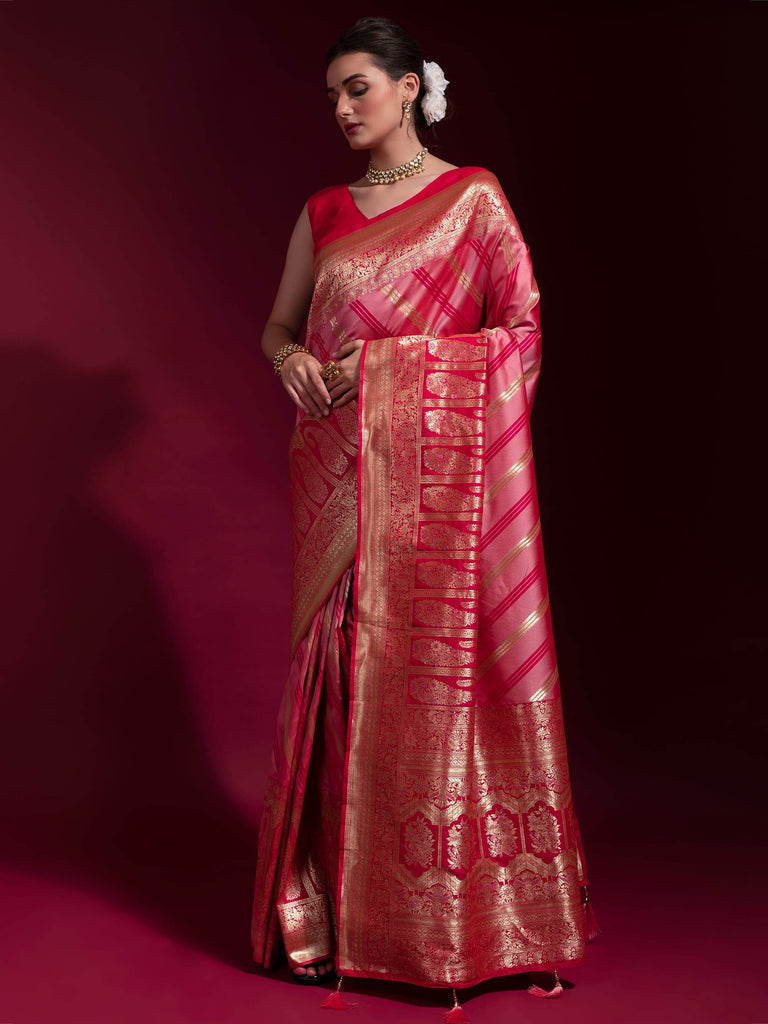 Abundant Pink Zari Weaving Silk Festive Wear Saree With Blouse