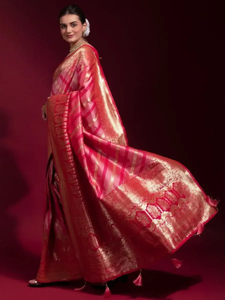 Abundant Pink Zari Weaving Silk Festive Wear Saree With Blouse