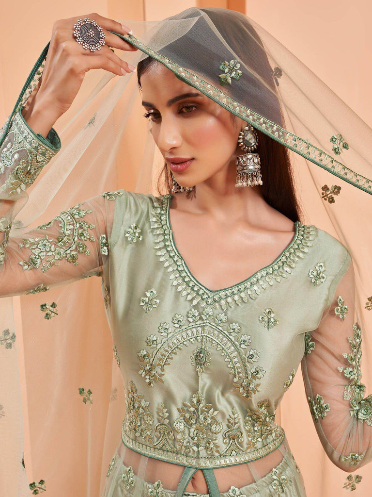 Attractive Pista Green Sequence Butterfly Net Party Wear Anarkali Suit
