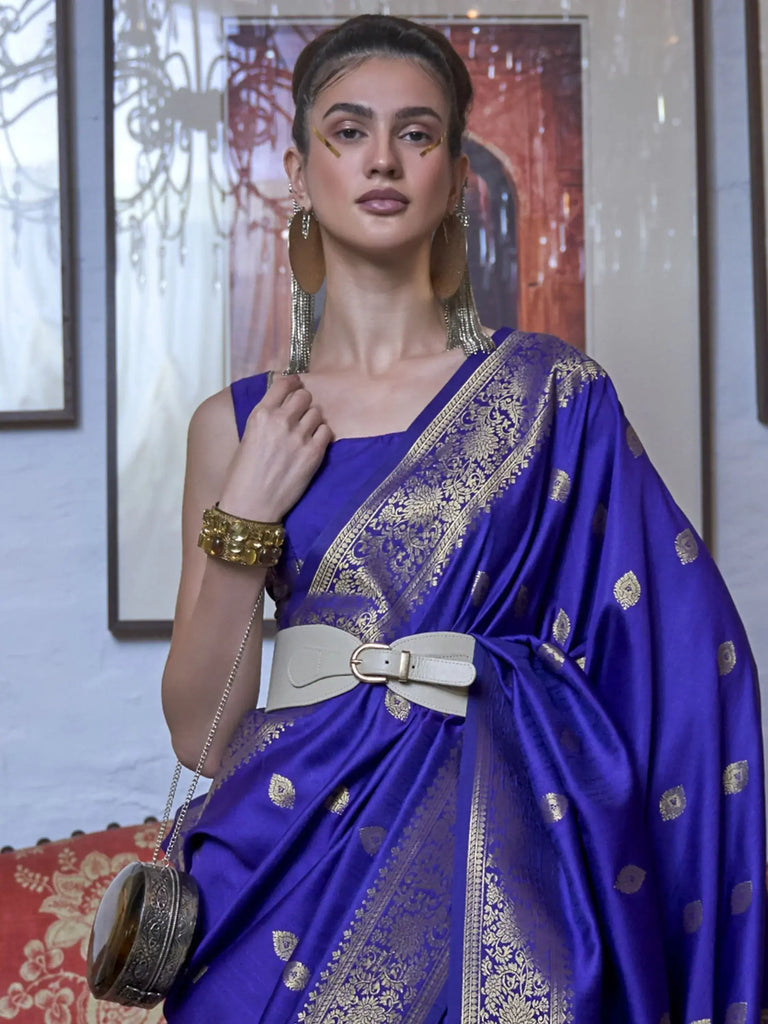 Lovable Blue Zari Weaving Silk Festival Wear Saree With Blouse