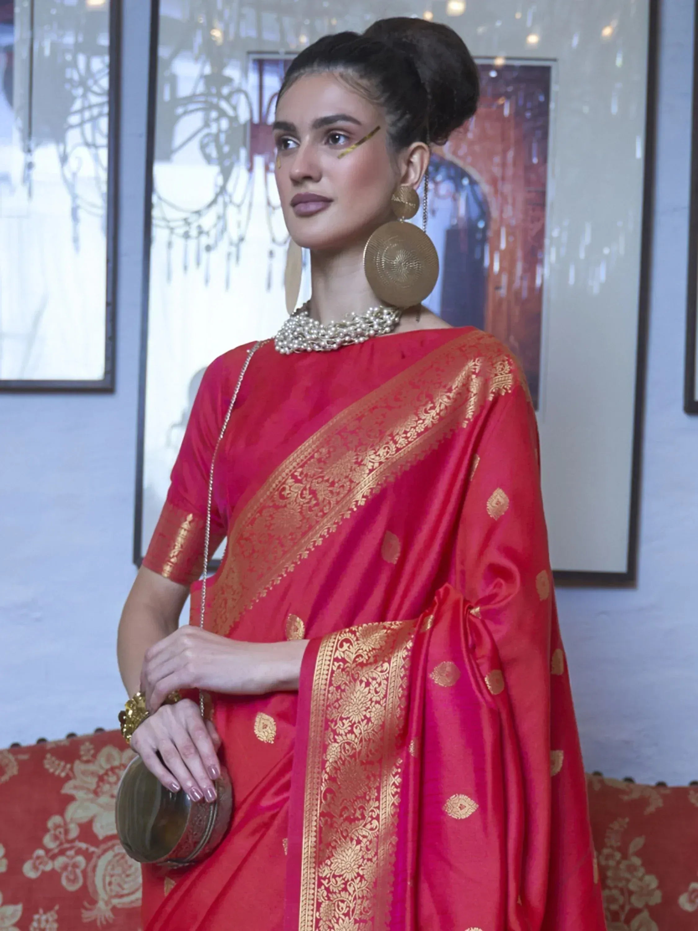 Red silk saree with gold zari border, traditional Indian ethnic wear for women