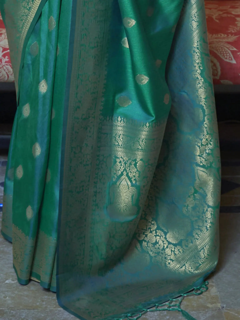 Attractive Sea Green Zari Weaving Silk Mehendi Wear Saree With Blouse