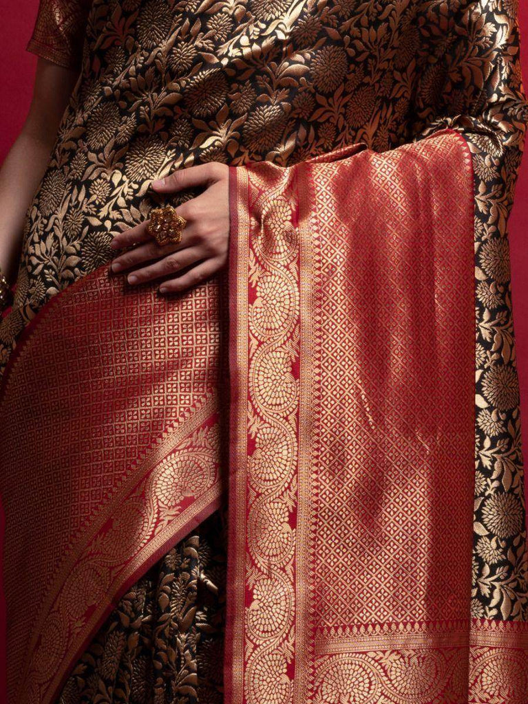 Marvelous Red And Black Heavy Zari Weaving Silk Wedding Wear Saree