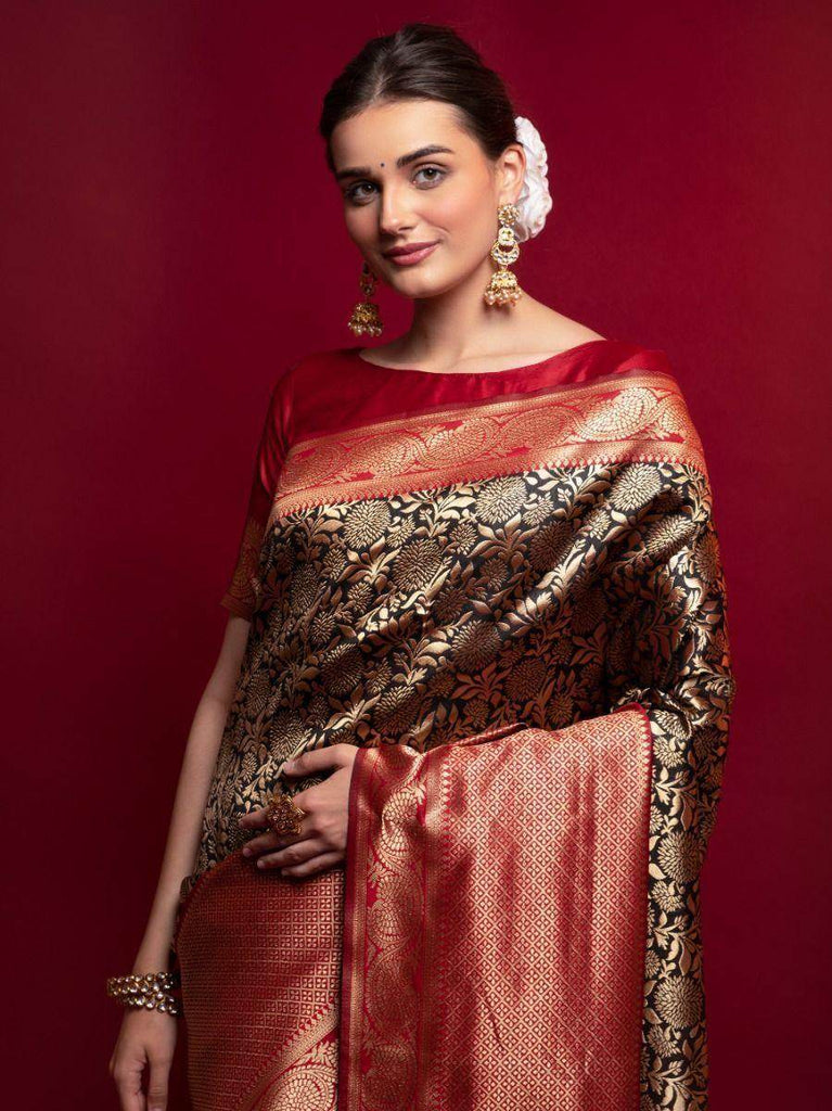 Marvelous Red And Black Heavy Zari Weaving Silk Wedding Wear Saree