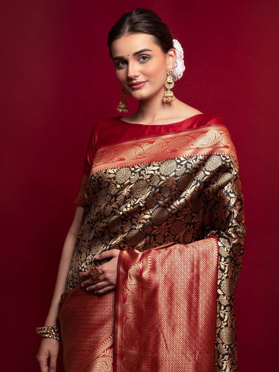 Marvelous Red And Black Heavy Zari Weaving Silk Wedding Wear Saree