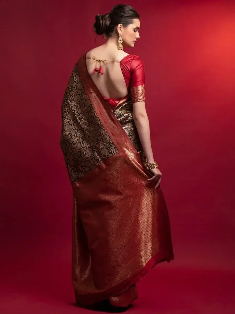 Marvelous Red And Black Heavy Zari Weaving Silk Wedding Wear Saree