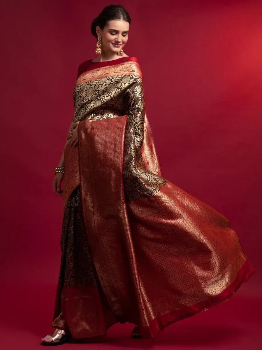 Marvelous Red And Black Heavy Zari Weaving Silk Wedding Wear Saree