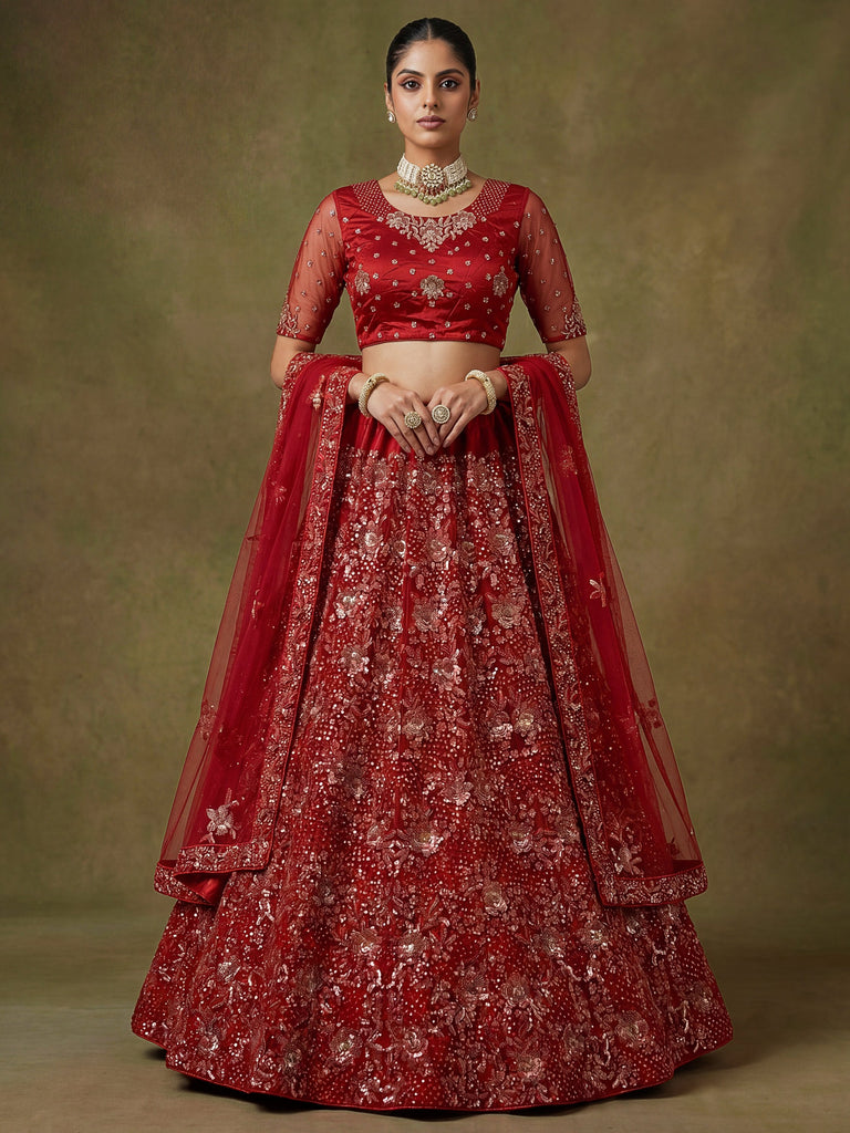 Classic Red Floral Embroidered Net Bridal Lehenga Choli With Dupatta