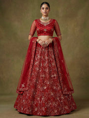 Classic Red Floral Embroidered Net Bridal Lehenga Choli With Dupatta
