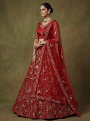 Classic Red Floral Embroidered Net Bridal Lehenga Choli With Dupatta