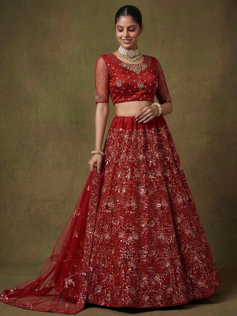Classic Red Floral Embroidered Net Bridal Lehenga Choli With Dupatta